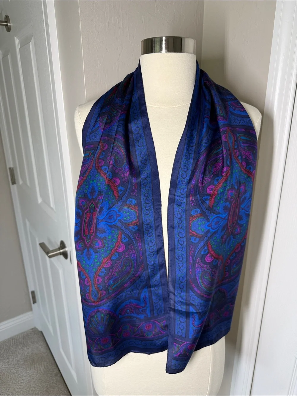 Paisley, print silk scarf, navy blue, royal blue, pink and red